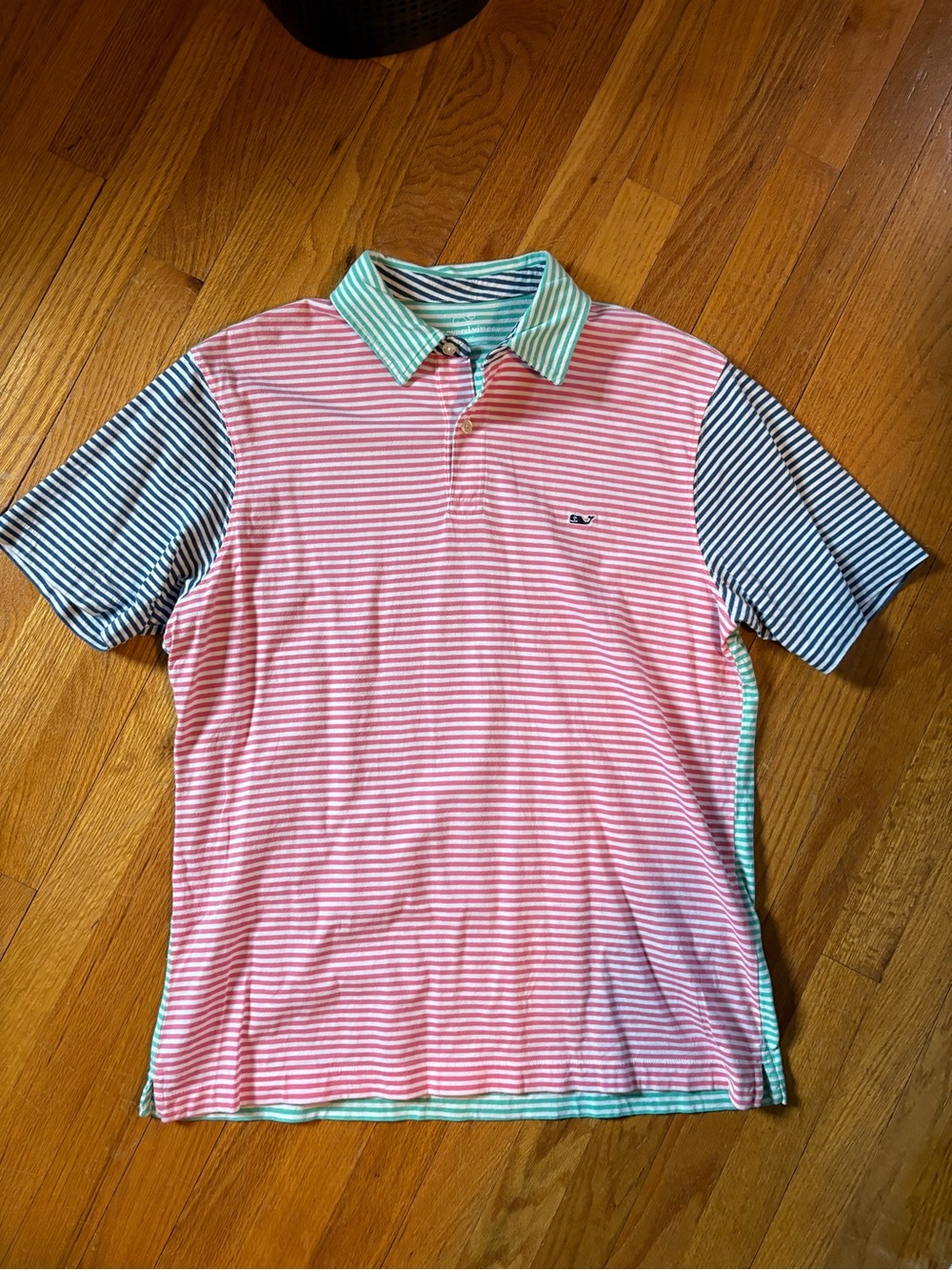 Vineyard Vines Pink & Navy Striped Polo with Mint Collar